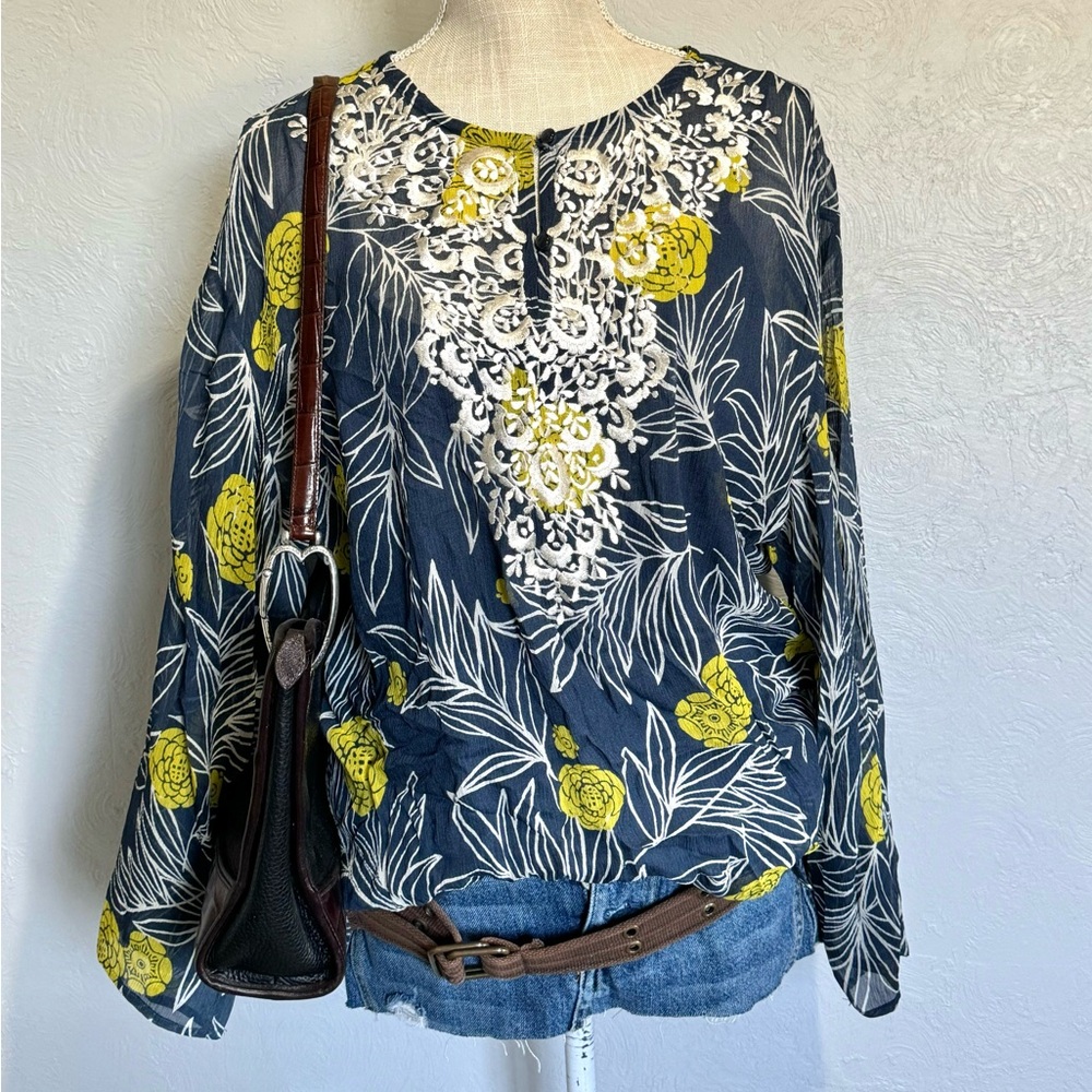 Oscar De La Renta Blue Green Floral Sheer Long Sleeved Women’s Blouse Size 10